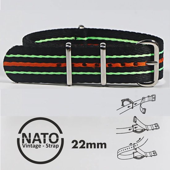 Premium bracelet de montre Nato Zwart vert rouge de 22 mm : découvrez le Look Vintage ! Perfect pour les hommes, de notre collection exclusive de bracelets Nato !