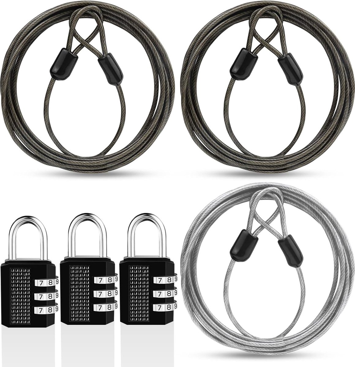3 stuks kabelslot, cijferslot, 2 m, stalen kabel met ogen, slot, luskabel voor reizen in de open lucht, ter bescherming van je fiets en motorfiets, 2 kleuren