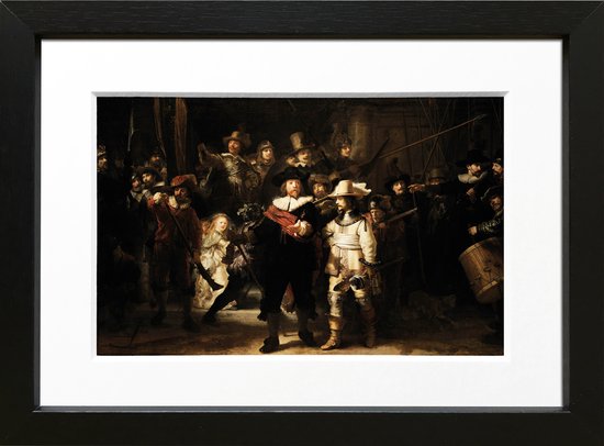 Kunstcadeau kunst in het klein - Rembrandt De Nachtwacht - ingelijst met fotografische passe-partout - reproductie - 15x20cm