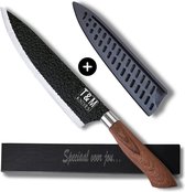 T&M Knives Couteau de cuisine japonais Woods 32cm - Couteau de chef japonais léger en acier martelé - Coffret cadeau inclus