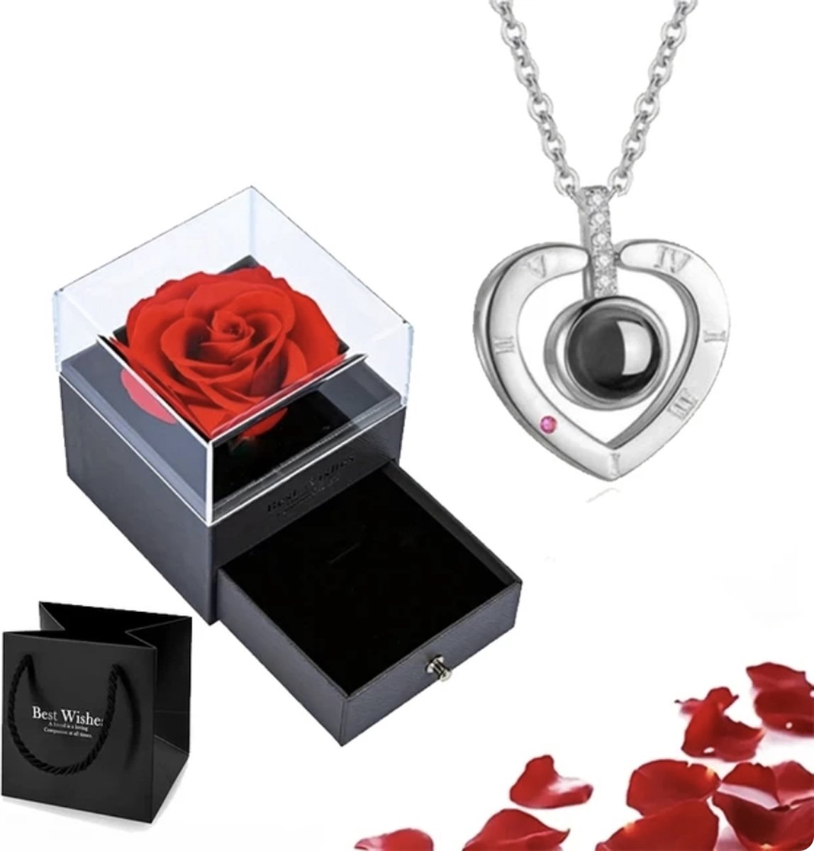 Covie - Sieradendoos - Met ketting - Met eeuwige roos - Geschenk set - Valentijn - 100 talen ik hou van jou -Liefde - Cadeau - Silver 02