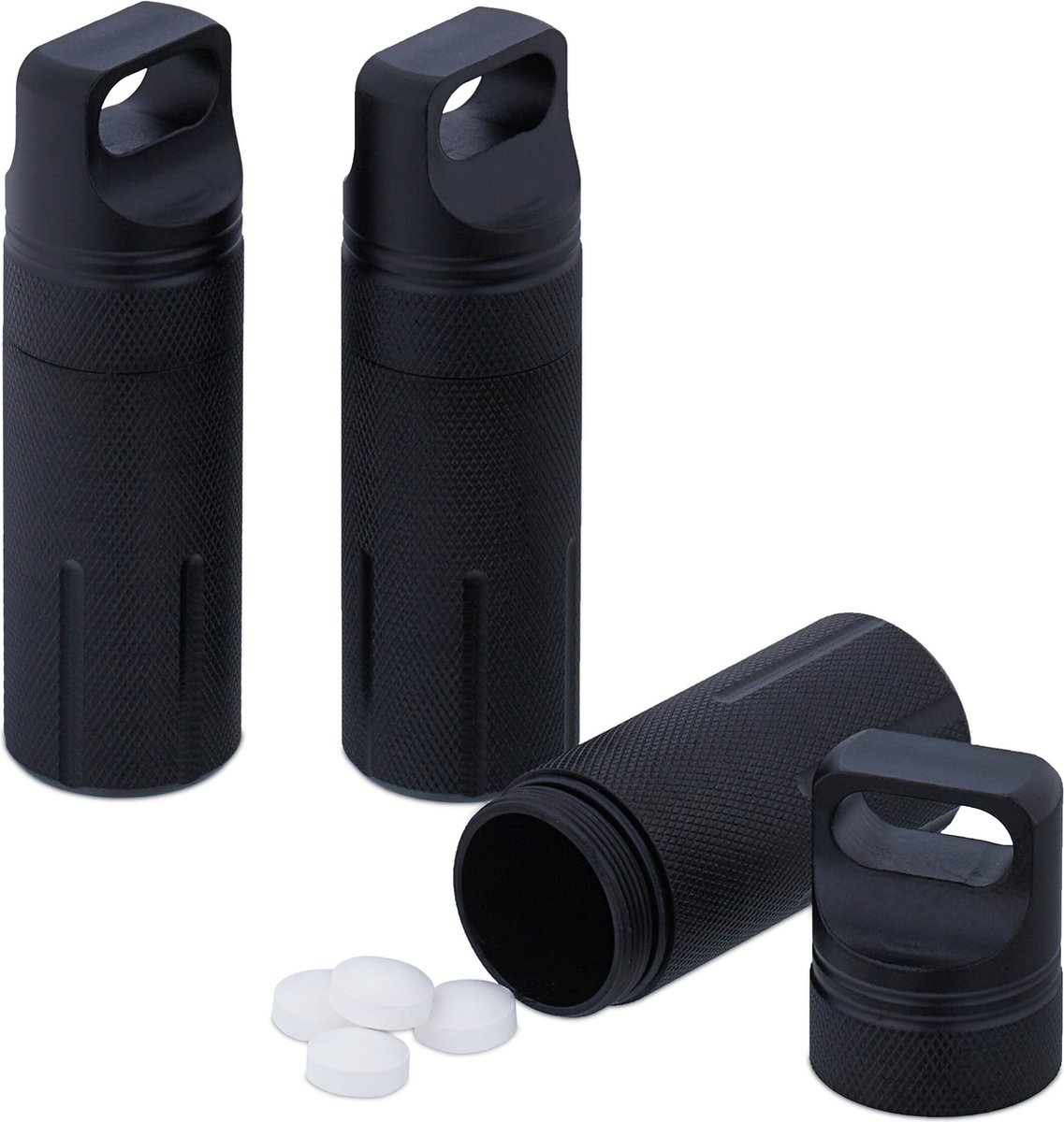 Relaxdays pillenkoker set van 3 - waterdichte capsule - reis pillendoosje - sleutelhanger - zwart