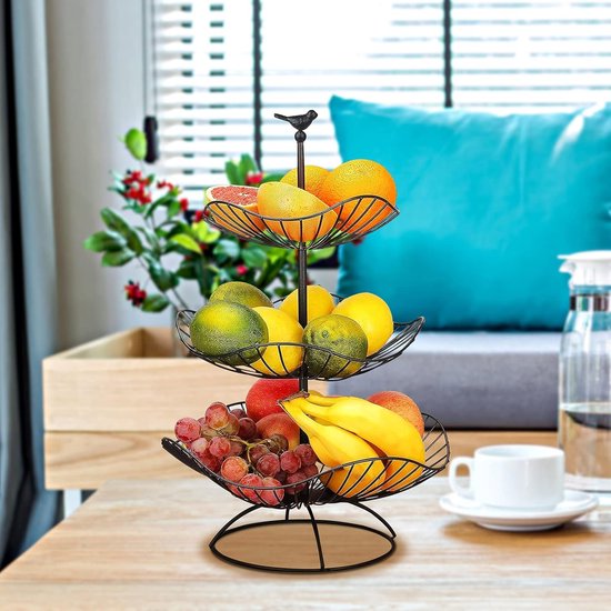 Corbeille à Fruits à 3 étages En Métal Noir Avec Poignée En Bois - 3