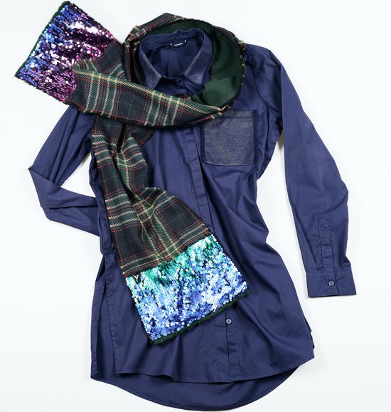 YELIZ YAKAR - Handmade - Luxe dubbelzijdig dames wol / katoen ruiten tartan sjaal met pailletten “Mirach”- groen en blauw kleuren - feestelijke sjaal - designer kleding - kerst sjaal- luxecadeau - kerstcadeau voor vrouwen