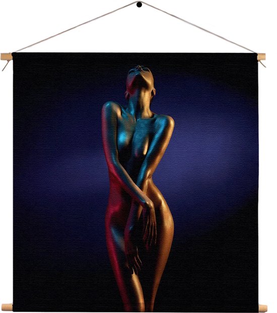 Textielposter Artistieke Mooie Vrouw Goud 02 Vierkant XL (60 X 60 CM) - Wandkleed - Wanddoek - Wanddecoratie