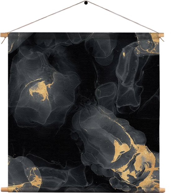 Textielposter Abstract Marmer Look Zwart met Goud 03 Vierkant XL (60 X 60 CM) - Wandkleed - Wanddoek - Wanddecoratie