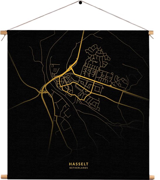 Textielposter Hasselt Plattegrond Zwart Geel Vierkant XXXL (120 X 120 CM) - Wandkleed - Wanddoek - Wanddecoratie