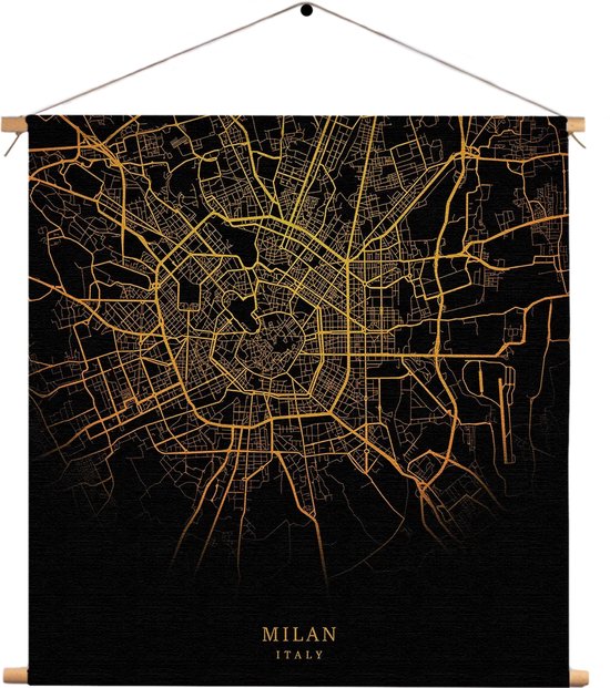 Textielposter Milan Milaan Plattegrond Zwart Geel Vierkant M (30 X 30 CM) - Wandkleed - Wanddoek - Wanddecoratie