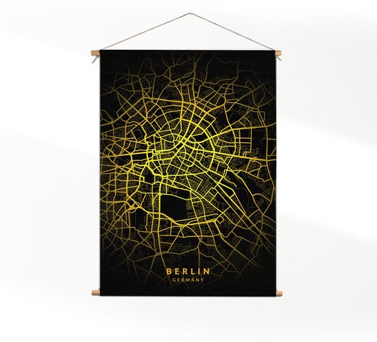 Textielposter Berlin Plattegrond Zwart Geel L (85 X 60 CM) - Wandkleed - Wanddoek - Wanddecoratie