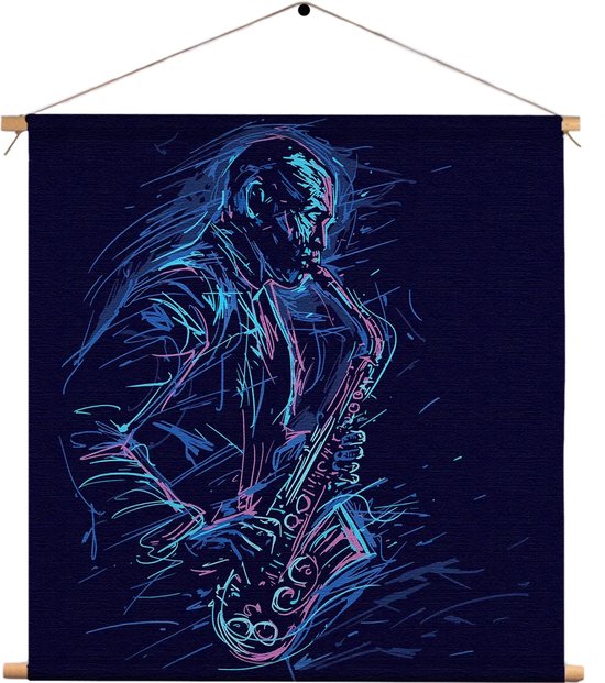 Textielposter Kleurrijke Saxofonist 02 Vierkant XXXL (120 X 120 CM) - Wandkleed - Wanddoek - Wanddecoratie