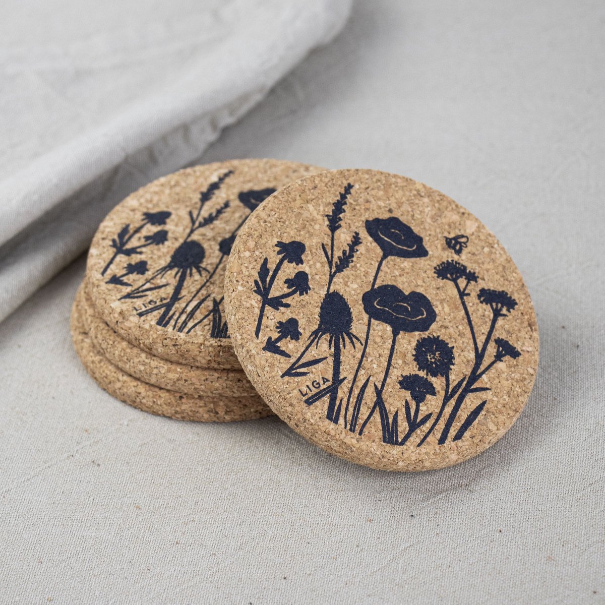 LIGA - Onderzetter Wilde Bloemen Set van 4 Stuks - Kurk - Beige -