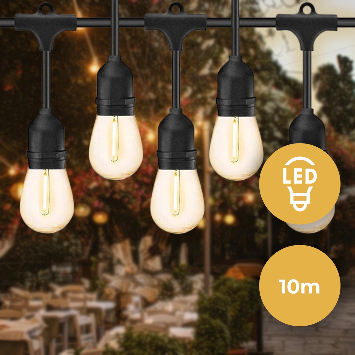 Guirlande guinguette IP65 10m + ampoules LED E27 de couleurs