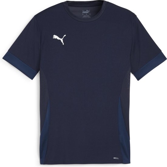 Donkerblauw Puma sportshirt met korte mouwen, wit Puma logo op borst en mesh panelen.