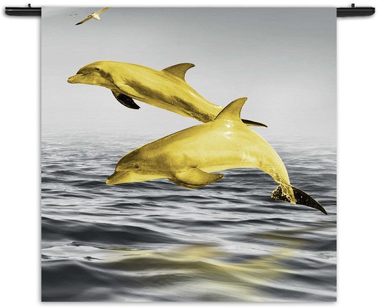 Mezo Wandkleed Springende Dolfijnen Goud 01 Rechthoek Vierkant M (90 X 90 CM) - Wandkleden - Met roedes