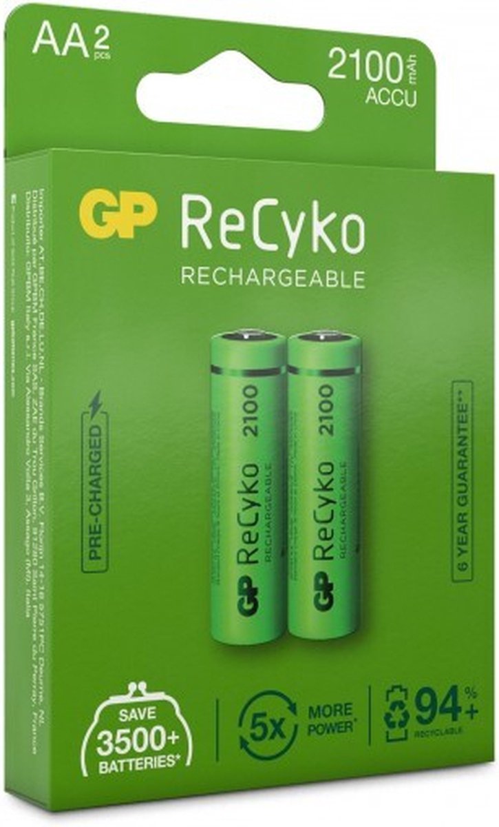 GP Batteries AA batterij Oplaadbaar GP NiMH 2100 mAh ReCyko 1,2V, 2 stuks