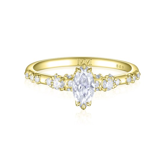 Elegante - 14k Geelgouden Marquise Moissanite Ring met Vintage Geïnspireerde Minimalistische Zijstenen - 2.8 karaat