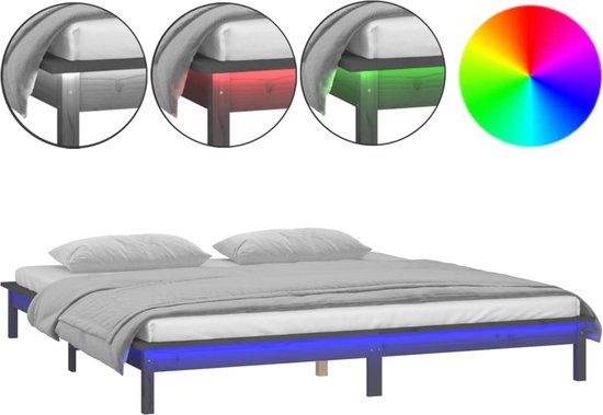 vidaXL - Bedframe - LED - massief - hout - grijs - 200x200 - cm