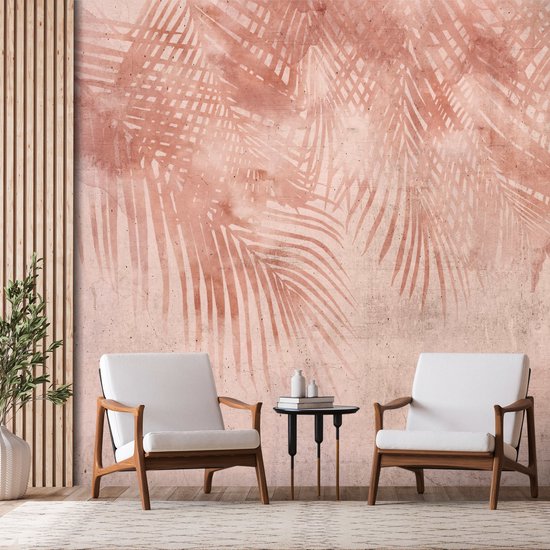 Fotobehangkoning - Behang - Vliesbehang - Fotobehang Roze Palmbomen - Palmbladeren - Jungle - 100 x 70 cm