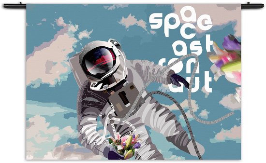 Velours Wandkleed Astronaut in de ruimte Rechthoek Horizontaal S (40 X 60 CM) - Wandkleden - Met roedes