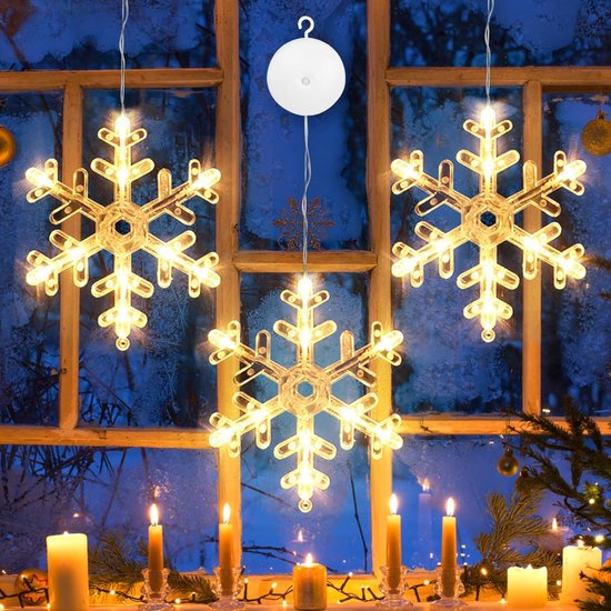 Sneeuwvlok Verlichting - Kerst - Winter - 3 stuks 10 LED LED sneeuwvlok verlichting Kerstmis lichtgordijn venster kerstverlichting buiten raam binnen kerstdecoratie werkt op batterijen voor balkon tuin warm wit raamdecoratie