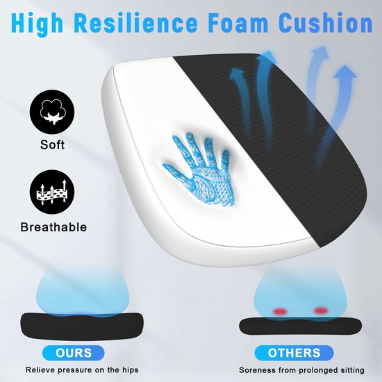 Vergelijking van onze foam kussen voor de bureaustoel (zacht, ademend, ontlast de heupen) met dat van anderen (pijnlijk bij lang zitten).
