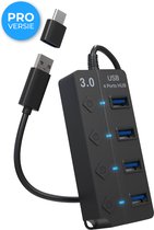 Nuvance – USB Hub 3.0 – 4 Poorten - Splitter – USB C Hub/Adapter - Universeel - Aan/Uit Switch - Zwart