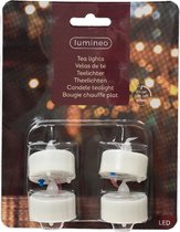 Lumineo LED theelichtjes/waxinelichtjes - 4x st - wit - 3,6 x 3,6 cm - steady - warm wit - timer