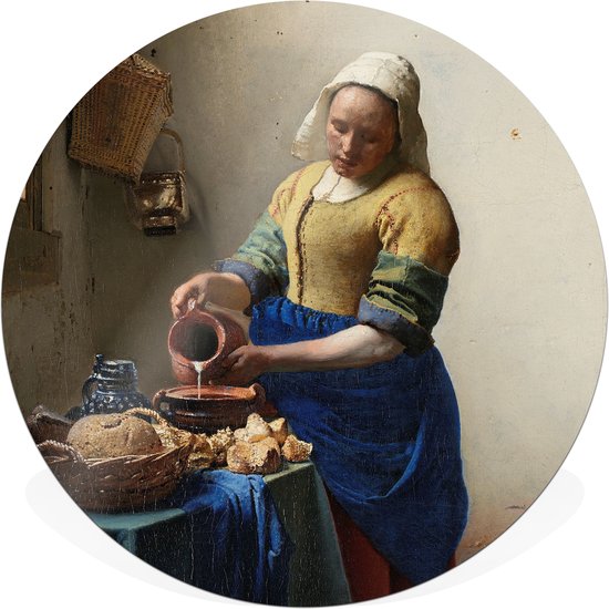Muurcirkel / wandcirkel voor binnen | 30cm dibond (aluminium) | Het melkmeisje | Johannes Vermeer (oude meesters) | Incl. ophangset voor bevestiging aan de muur