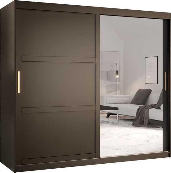 Bruine schuifdeurkast met één spiegeldeur en een spiegel die een slaapkamer reflecteert.