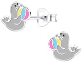 Joy|S - Zilveren zeehond oorbellen - 6 x 7 mm - grijs - met bal