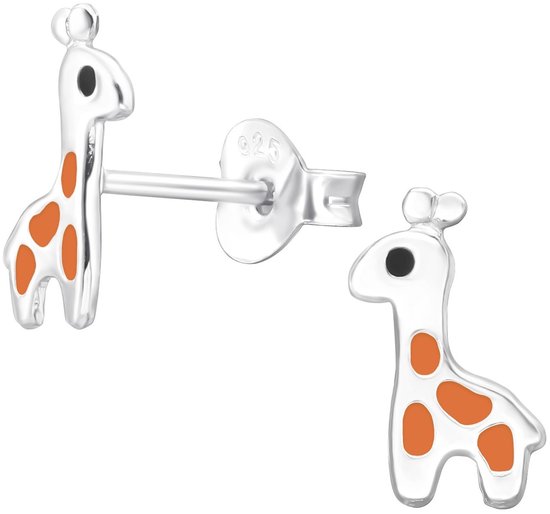 Joy|S - Zilveren giraf oorbellen - 5 x 10 mm - zilver oranje - giraffe kinderoorbellen