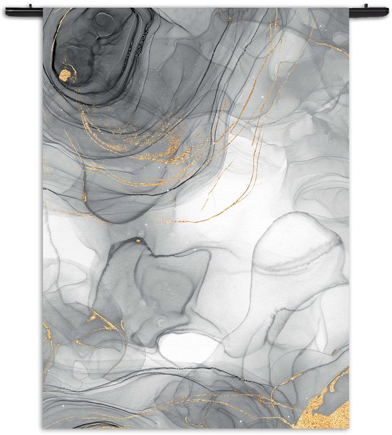 Mezo Wandkleed Abstract Marmer Look Grijs met Goud 01 Rechthoek Verticaal M (125 X 90 CM) - Wandkleden - Met roedes