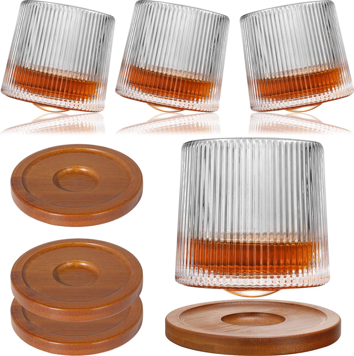 Uten Luxe Whiskey Glazen - Tumbler Whiskey Set Van 4 - Kristallen Whiskey Glas - Incl 4 Draaibaar Onderzetters - 275ml - Transparant Streep Patroon