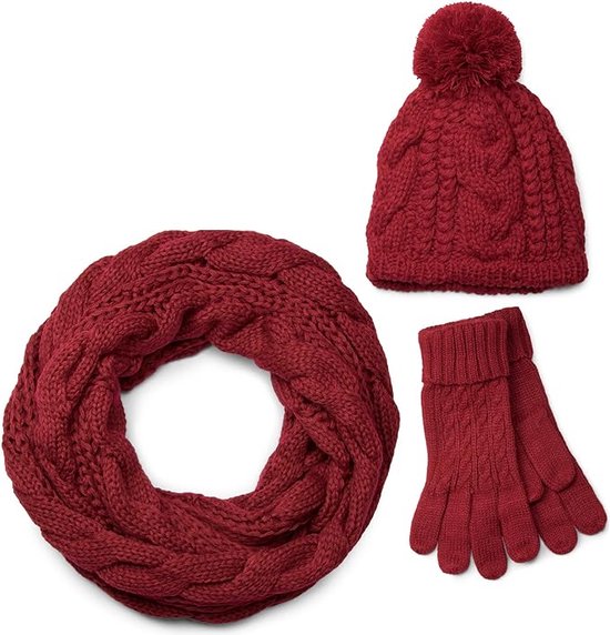 sjaal, muts en handschoenenset, vlechtpatroon gebreide sjaal met bobbelmuts en handschoenen, dames 01018208, Rood.