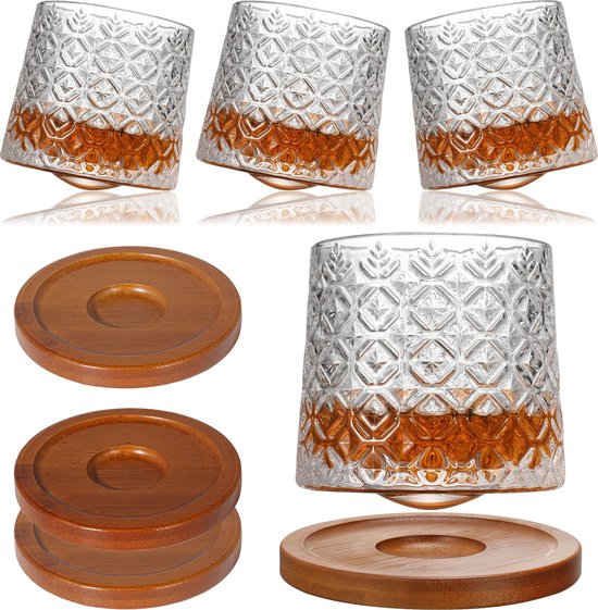 Uten Luxe Whiskey Glazen - Tumbler Whiskey Set Van 4 - Kristallen Whiskey Glas - Incl 4 Draaibaar Onderzetters - 275ml - Transparant Ijsbloem Patroon