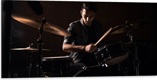 Dibond - Man - Drummen - Muziek - Donker - Hobby - 100x50 cm Foto op Aluminium (Met Ophangsysteem)