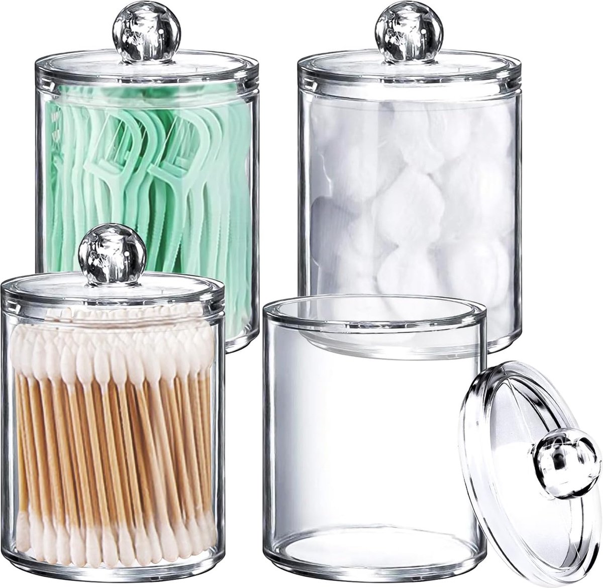 Goedkoopste Set van 4 Wattenstaafjeshouders met Deksel - Transparante Acryl Make-up Organizer - Wattenschijfjes, Wattenschijfdispenser, Make-up Pads Houder voor Cosmetica, Wattenballen en Wattenstaafjes