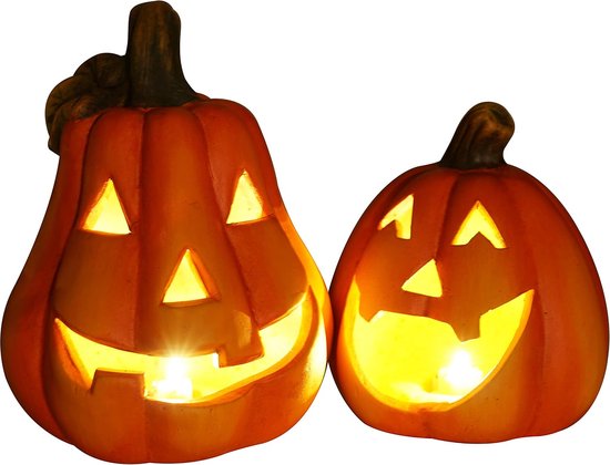 Pompoen decoratie keramiek - 2x stuks - 18 cm - Windlicht herfstdecoratie in set van 2 Halloween decoratie verlicht LED (met LED)