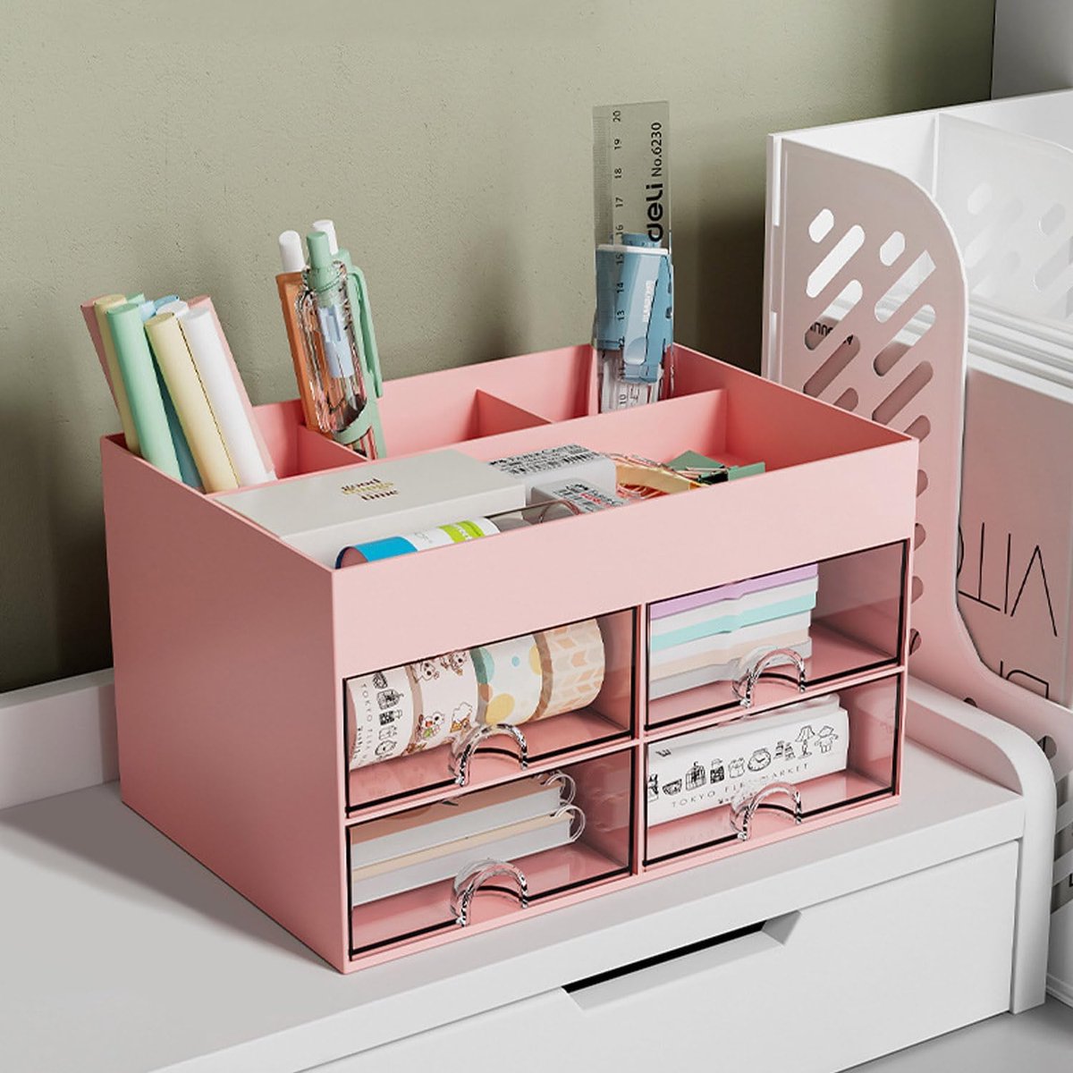 Miiepls Bureau-organizer met lade, multifunctionele bureau-organizer met 5 vakken, plastic tafelorganizer en transparante lade voor pennen, kantoor, thuis, school