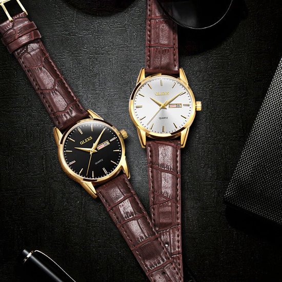 Olevs - Montre homme - Bracelet cuir - Montre-bracelet - Homme - Cadeau - Montre - Coffret cadeau - Homme - blanc et or - bracelet marron