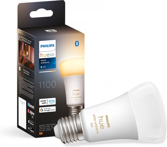 Ampoule Philips Hue E27 avec emballage, adaptée à la lumière blanche chaude à froide, 1100 lumens.