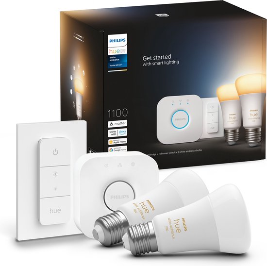 Foto: Philips hue starterkit warm tot koelwit licht 2 lampen e27 1100lm 1 dimmer switch
