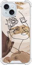 Casimoda® hoesje - Geschikt voor iPhone 15 - Abstract Gezicht Bruin - Shockproof case - Extra sterk - Siliconen/TPU - Bruin/beige, Transparant