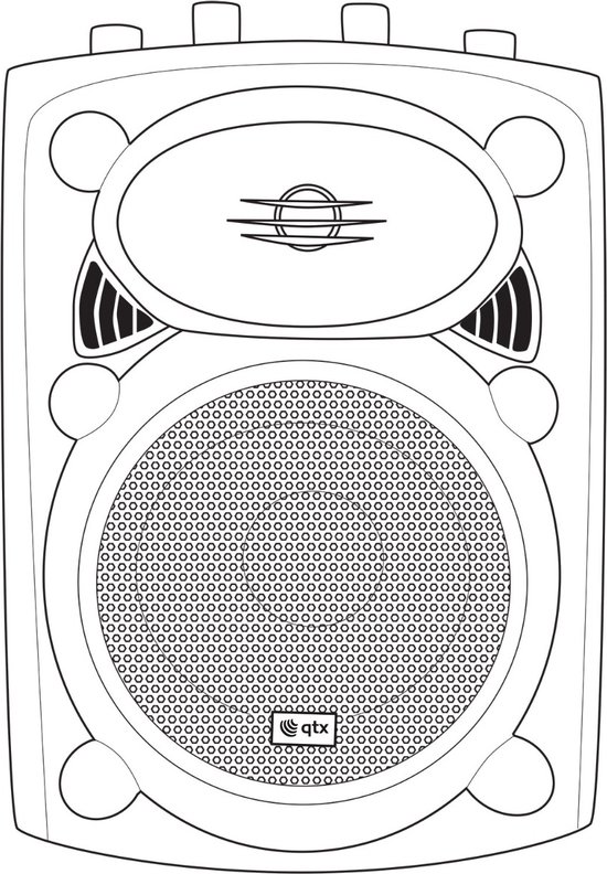 Schematische tekening van een zwarte luidsprekerbox met rond de speaker grill en ovale tweeter.
