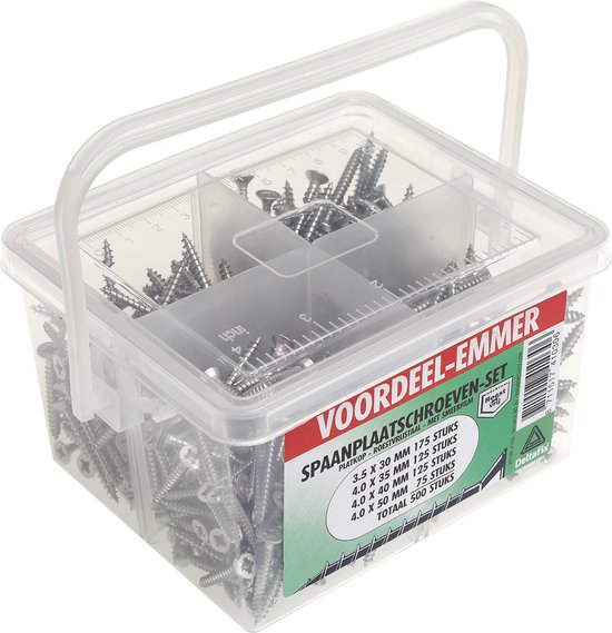 Seau en plastique contenant un assortiment de 500 vis à bois inox à tête plate. Avec une règle graduée sur le couvercle.