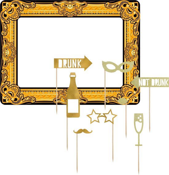 Foto prop set met frame - champagne - 9-delig - opblaasbare fotolijst - photo booth accessoires