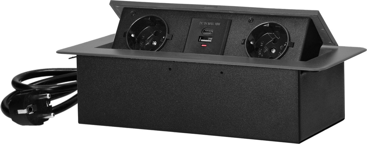 Pop up Stekkerdoos met 2 stopcontacten en USB-A & C - Inbouw Verdeelstekker met RVS afwerking - Stekkerblok met 1.5 meter kabel - voor max. 3680 Watt - Antraciet