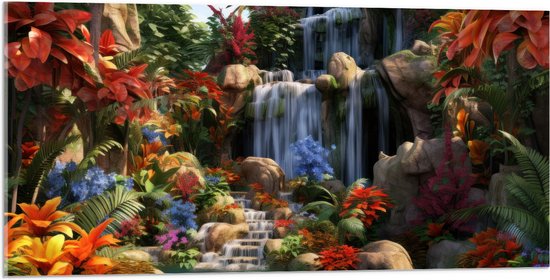 Acrylglas - Waterval - Bloemen- Kleuren - Planten - 100x50 cm Foto op Acrylglas (Wanddecoratie op Acrylaat)