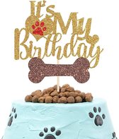 Glitter kartonnen taart topper It's My Birthday voor de hond goud met bruin en rood - taart - topper - hond - dog - huisdier - verjaardag