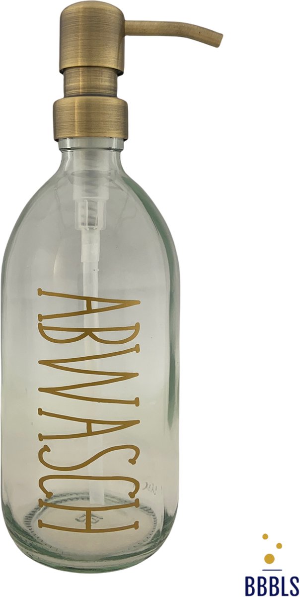 BBBLS® Design Dispenser "Abwasch" | Transparant Kunststof | 500ml | RVS / Metaal Pomp Goud | Zeeppomp | Zeepdispenser | Zeephouder